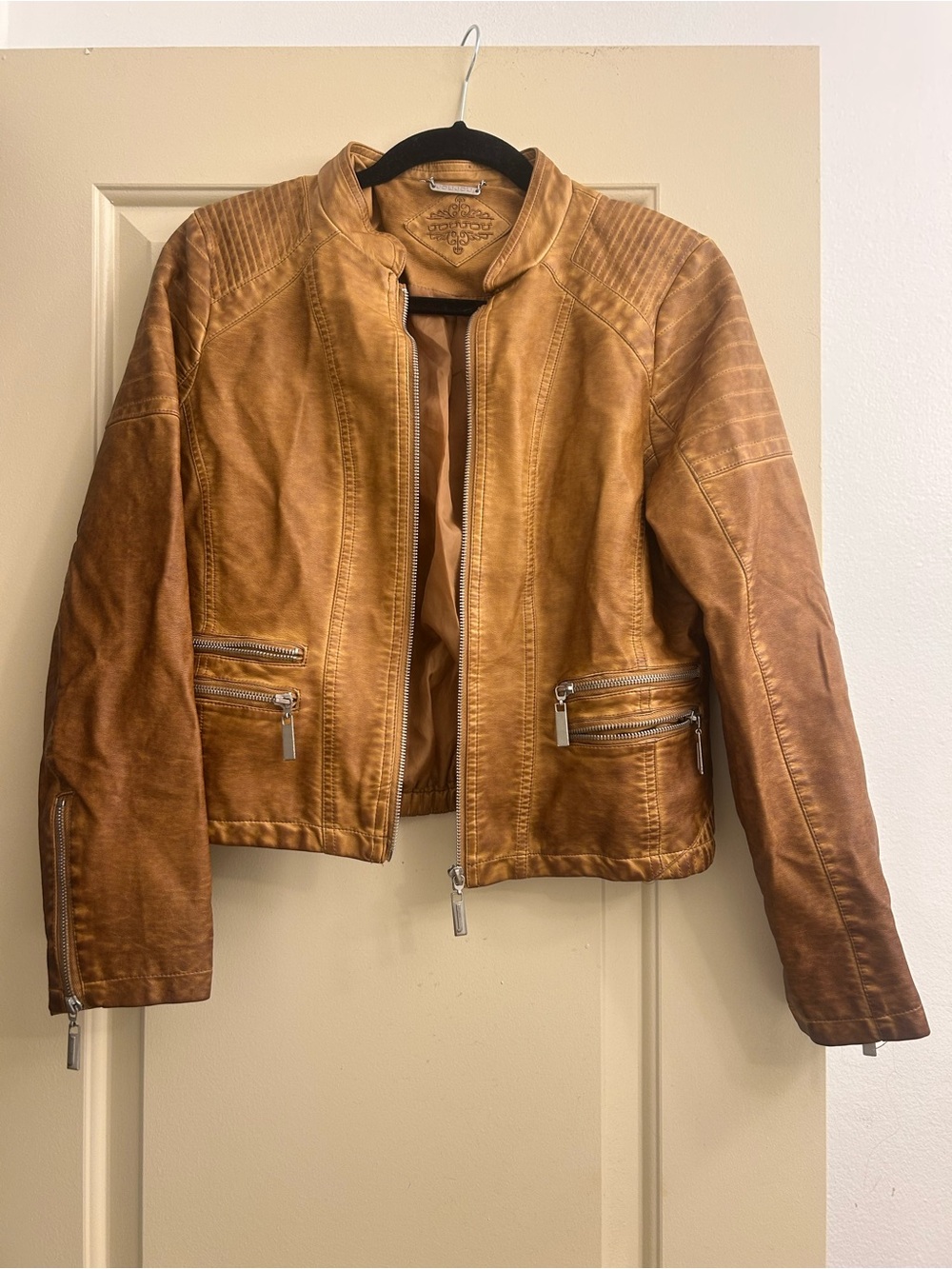 Jou Jou Distressed-style Brown Leather Moto Jacket
